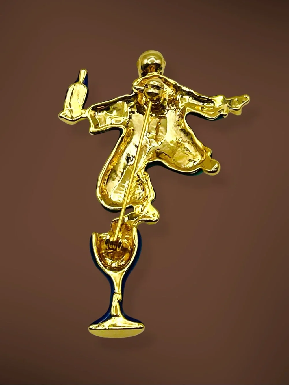 Vintage Enamel Pierrot Clown Champagne Glass Figural Brooch Pin Whimsical Retro